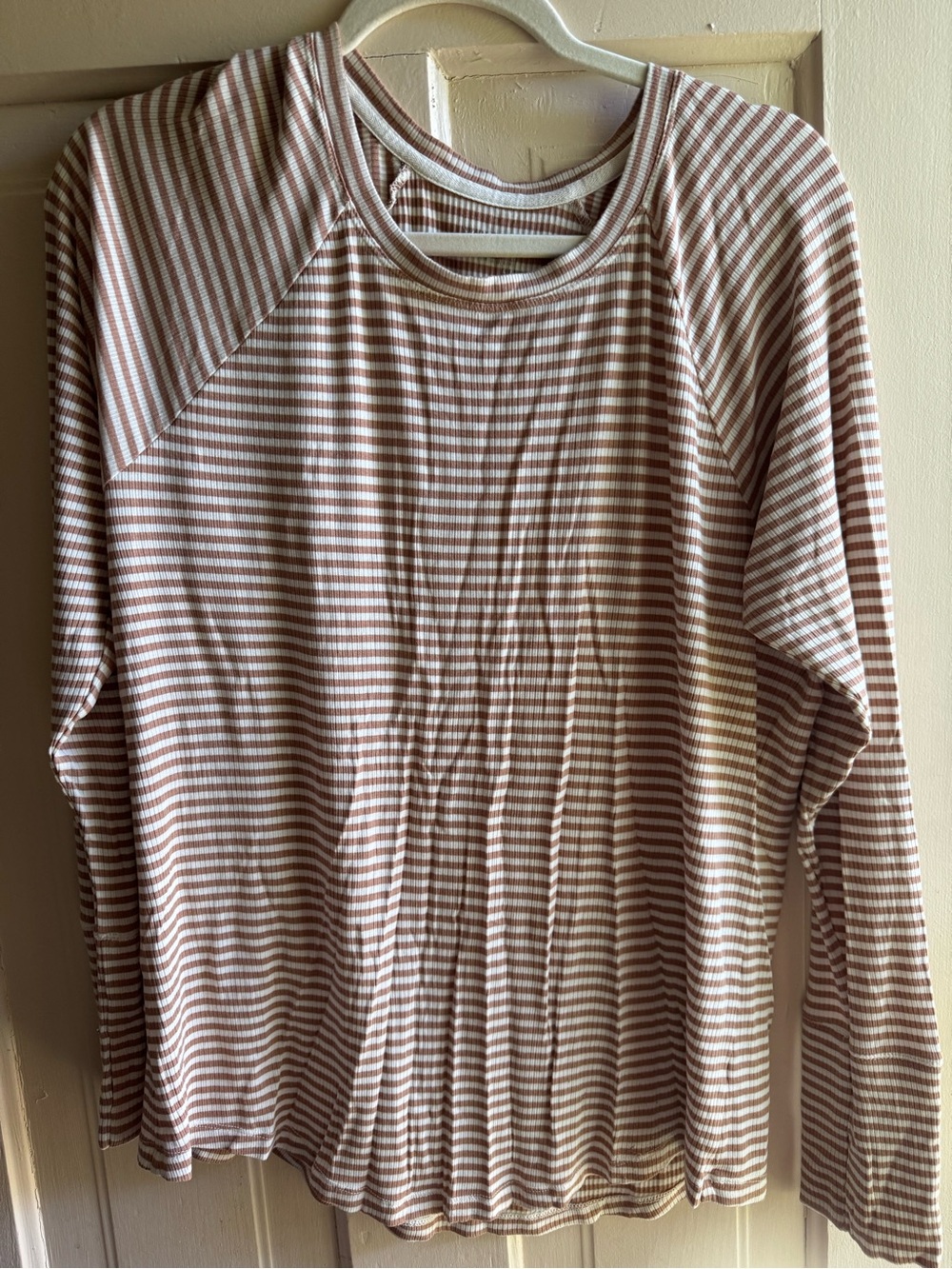 Aerie Offline Striped Long-Sleeve Crewneck Top in Cream and Tan